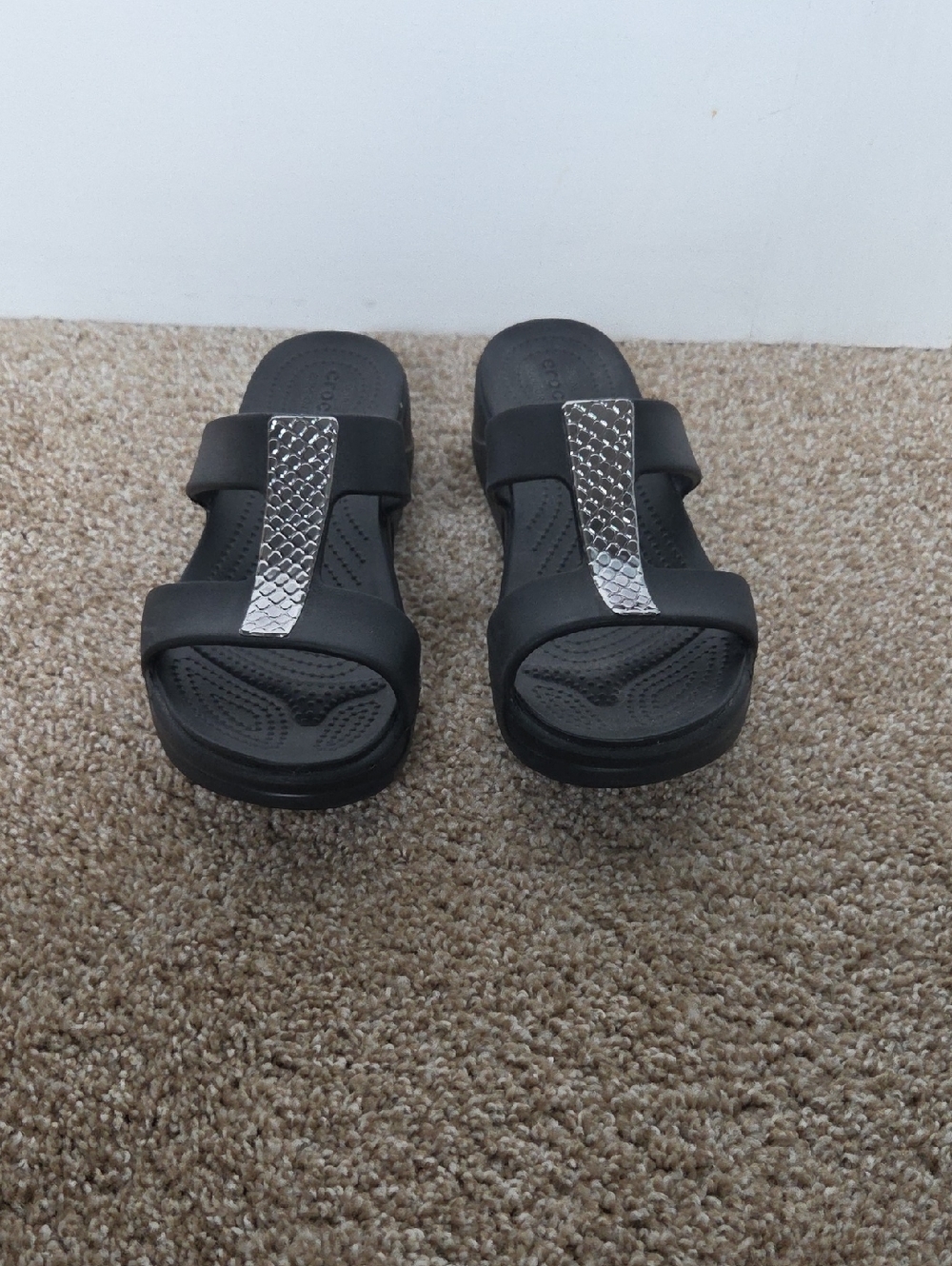 CROCS Black Slide Sandals with Silver Accent - Women